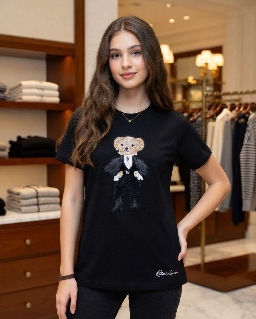 RALPH LAUREN || Women's Premium Cotton T-Shirt | Teddy Bear Embroidered Print |  Black | Fashion Myst FASHION MYST