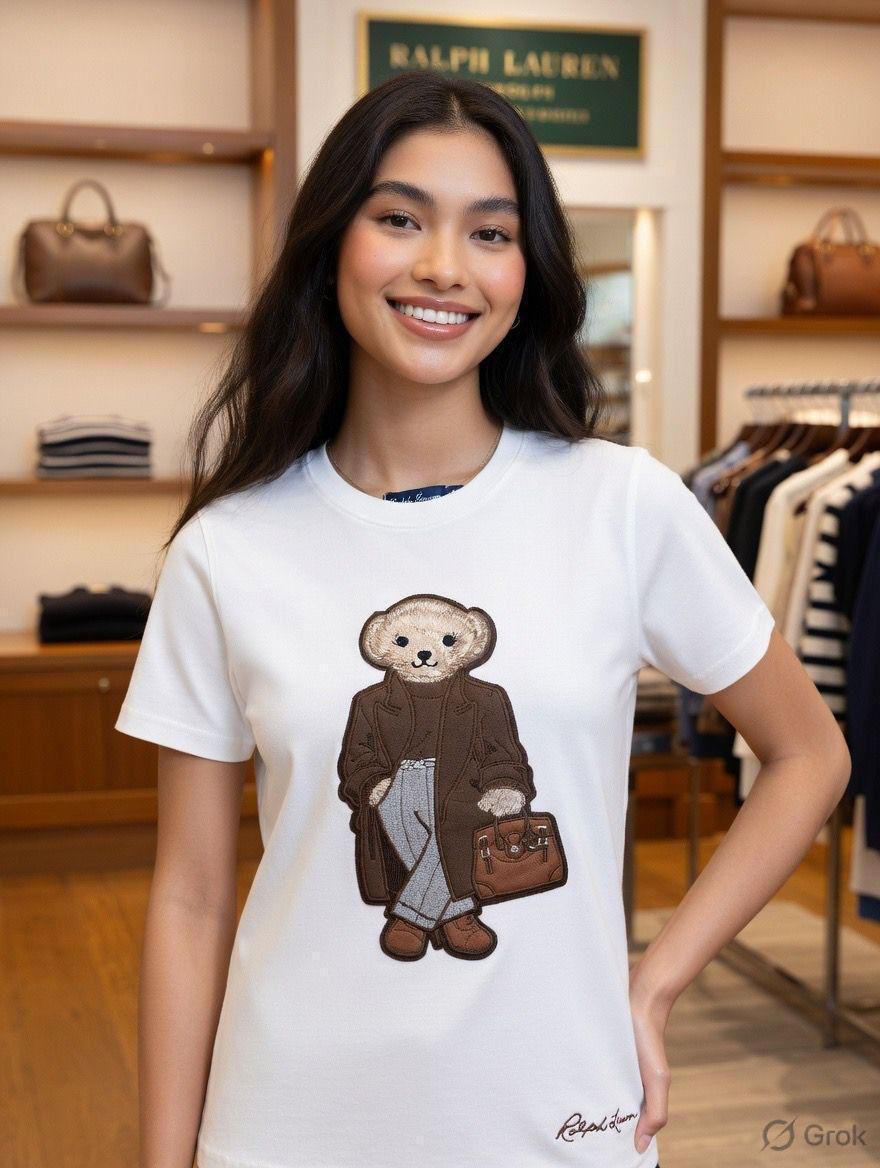 RALPH LAUREN || Women's Premium Cotton T-Shirt | Teddy Bear Embroidered Print |  Black | Fashion Myst FASHION MYST
