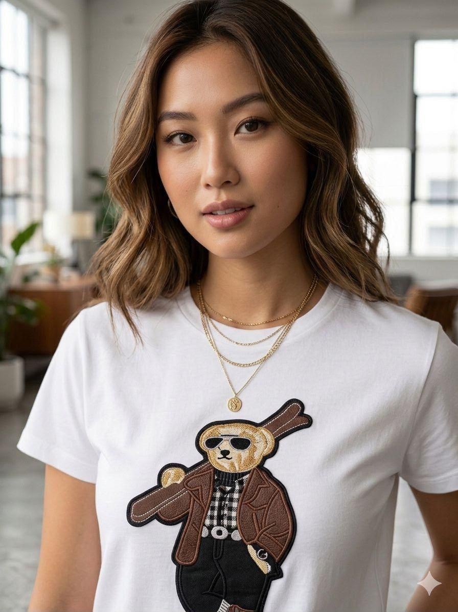 RALPH LAUREN | Women's Premium Cotton T-Shirt | Teddy Bear Embroidered Print |  White | Fashion Myst FASHION MYST