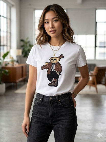 RALPH LAUREN | Women's Premium Cotton T-Shirt | Teddy Bear Embroidered Print |  White | Fashion Myst FASHION MYST