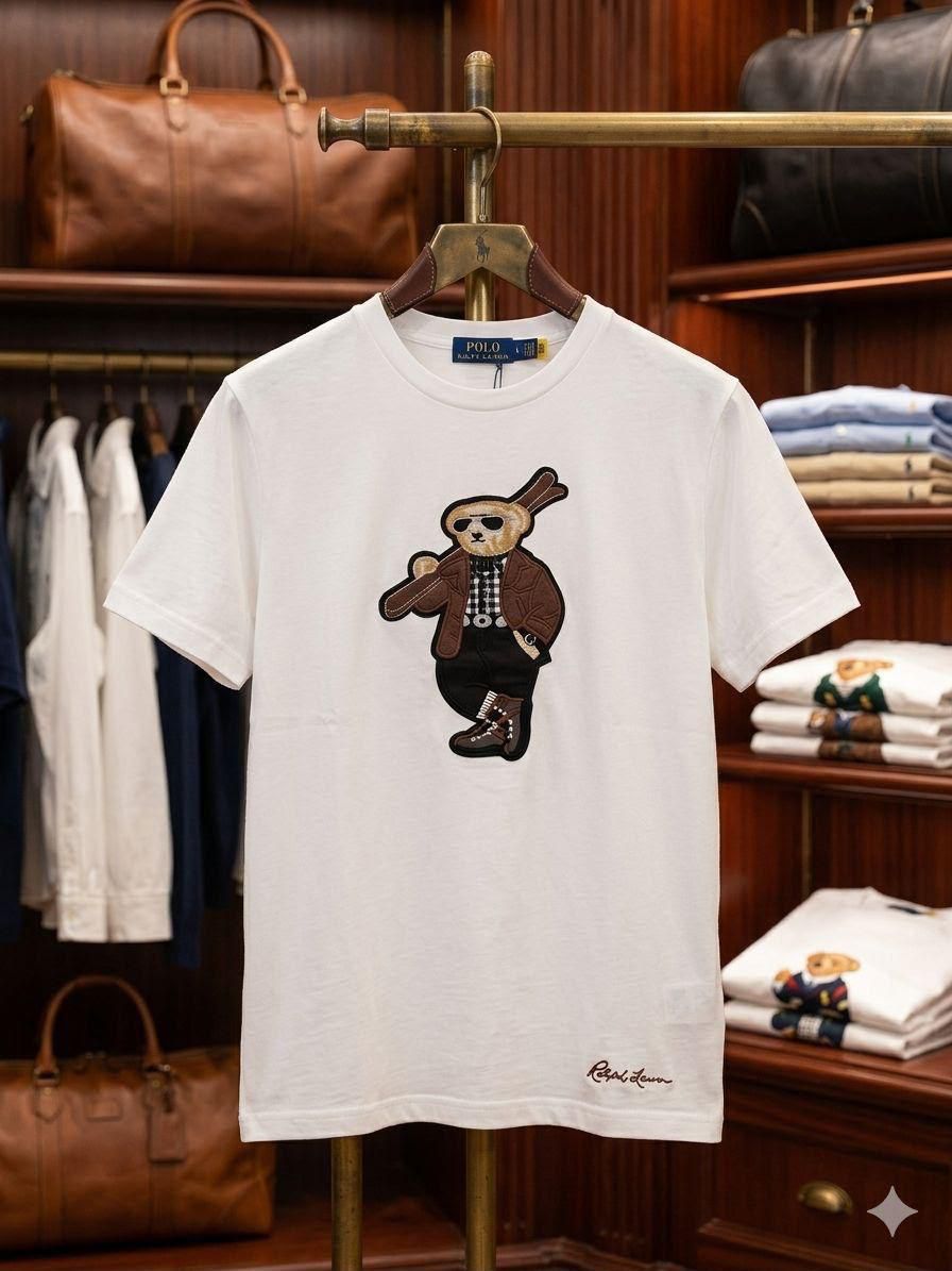 RALPH LAUREN | Women's Premium Cotton T-Shirt | Teddy Bear Embroidered Print |  White | Fashion Myst FASHION MYST
