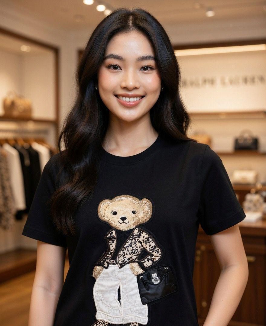 RALPH LAUREN || Women's Premium Cotton T-Shirt | Teddy Bear Embroidered Print |  Black | Fashion Myst FASHION MYST