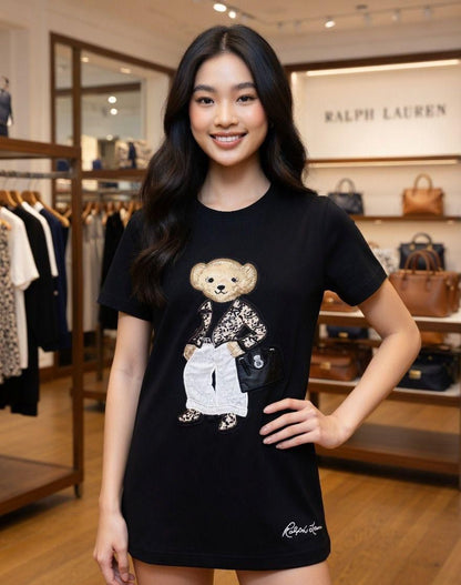 RALPH LAUREN | Women's Premium Cotton T-Shirt | Teddy Bear Embroidered Print |  White | Fashion Myst FASHION MYST