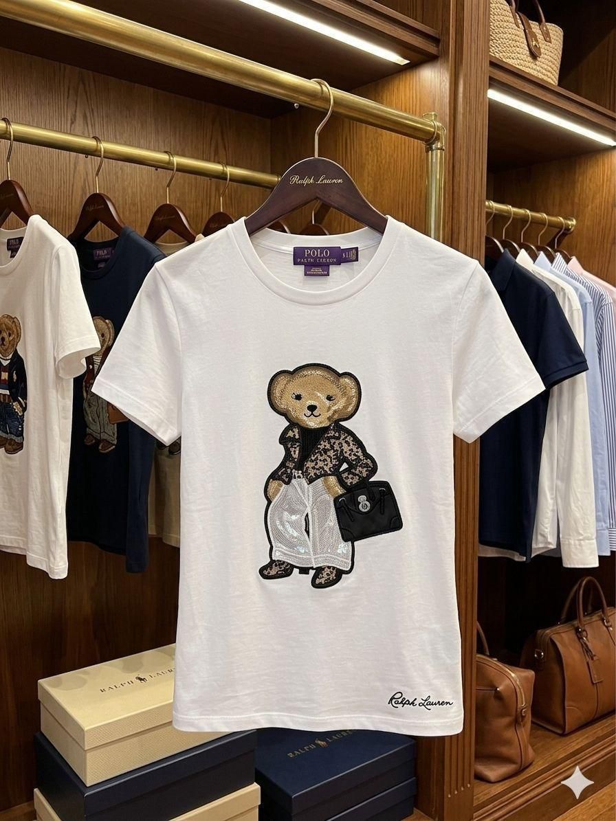RALPH LAUREN | Women's Premium Cotton T-Shirt | Teddy Bear Embroidered Print |  White | Fashion Myst FASHION MYST
