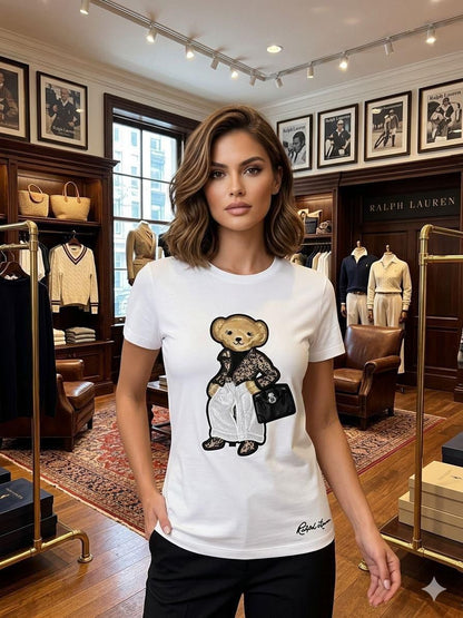 RALPH LAUREN | Women's Premium Cotton T-Shirt | Teddy Bear Embroidered Print |  White | Fashion Myst FASHION MYST