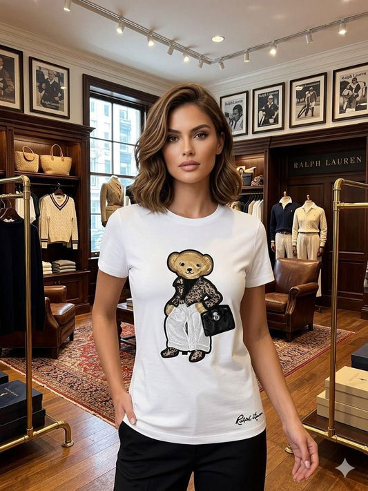 RALPH LAUREN | Women's Premium Cotton T-Shirt | Teddy Bear Embroidered Print |  White | Fashion Myst FASHION MYST