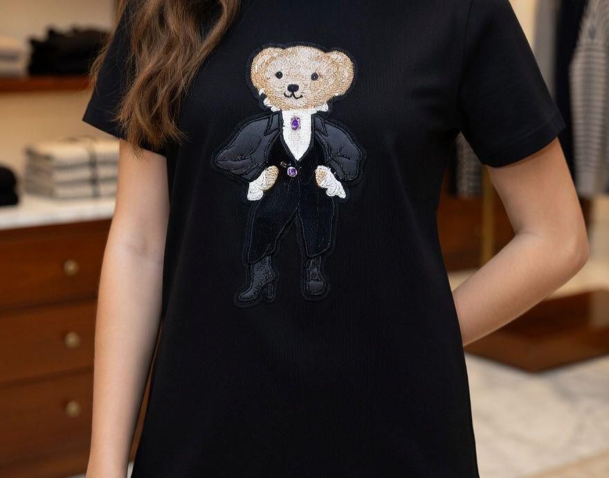 RALPH LAUREN || Women's Premium Cotton T-Shirt | Teddy Bear Embroidered Print |  Black | Fashion Myst FASHION MYST