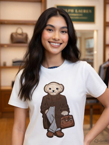 RALPH LAUREN || Women's Premium Cotton T-Shirt | Teddy Bear Embroidered Print |  Black | Fashion Myst FASHION MYST