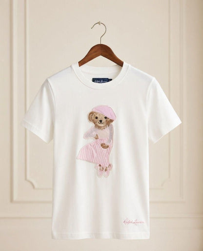 RALPH LAUREN | Women's Premium Cotton T-Shirt | Teddy Bear Embroidered Print |  White | Fashion Myst FASHION MYST