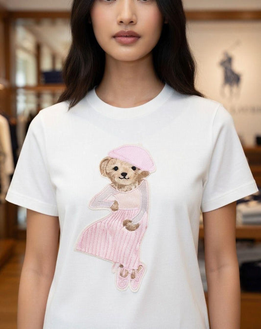 RALPH LAUREN | Women's Premium Cotton T-Shirt | Teddy Bear Embroidered Print |  White | Fashion Myst FASHION MYST