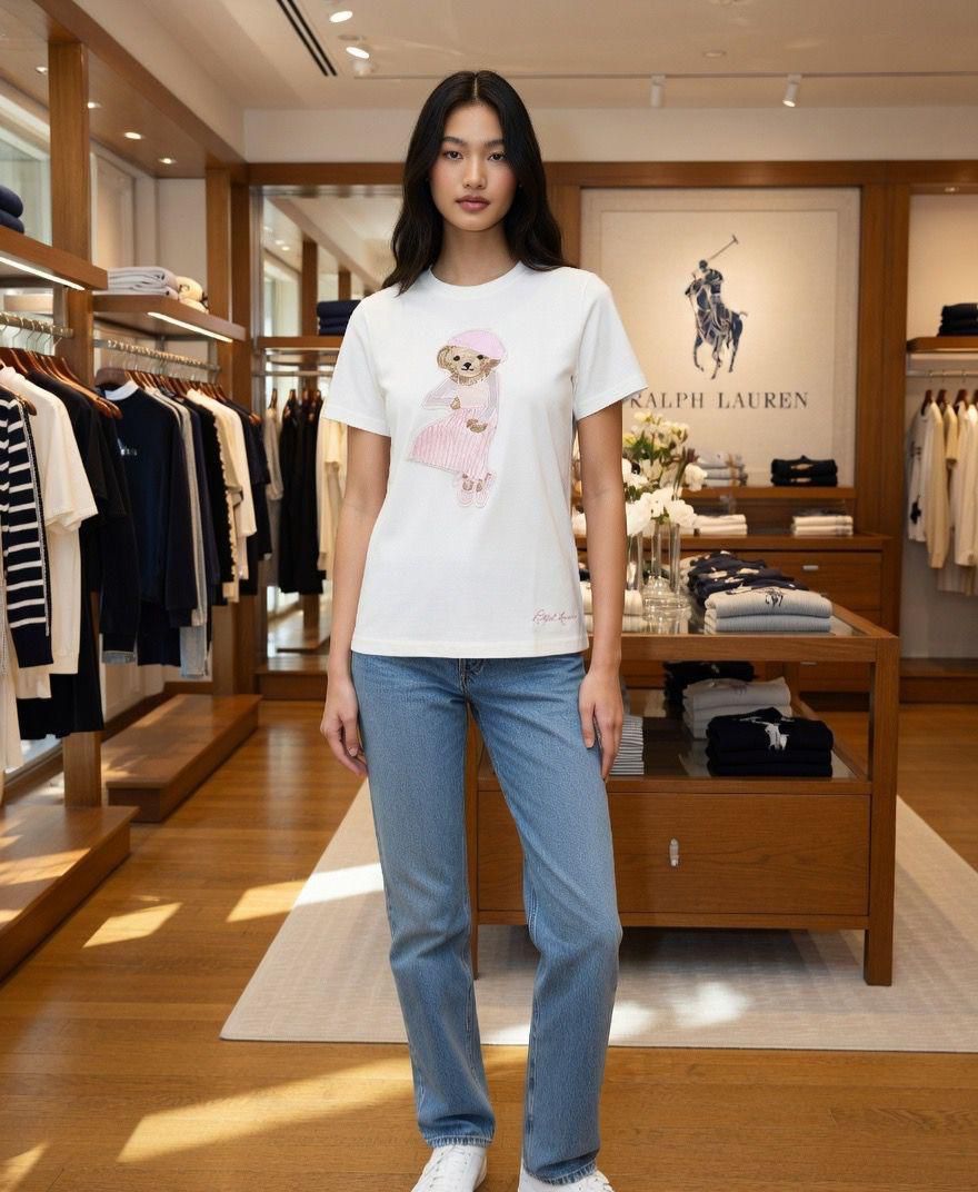 RALPH LAUREN | Women's Premium Cotton T-Shirt | Teddy Bear Embroidered Print |  White | Fashion Myst FASHION MYST