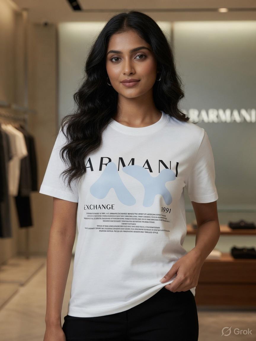Armani White Tee – Worn by Model Closeup	