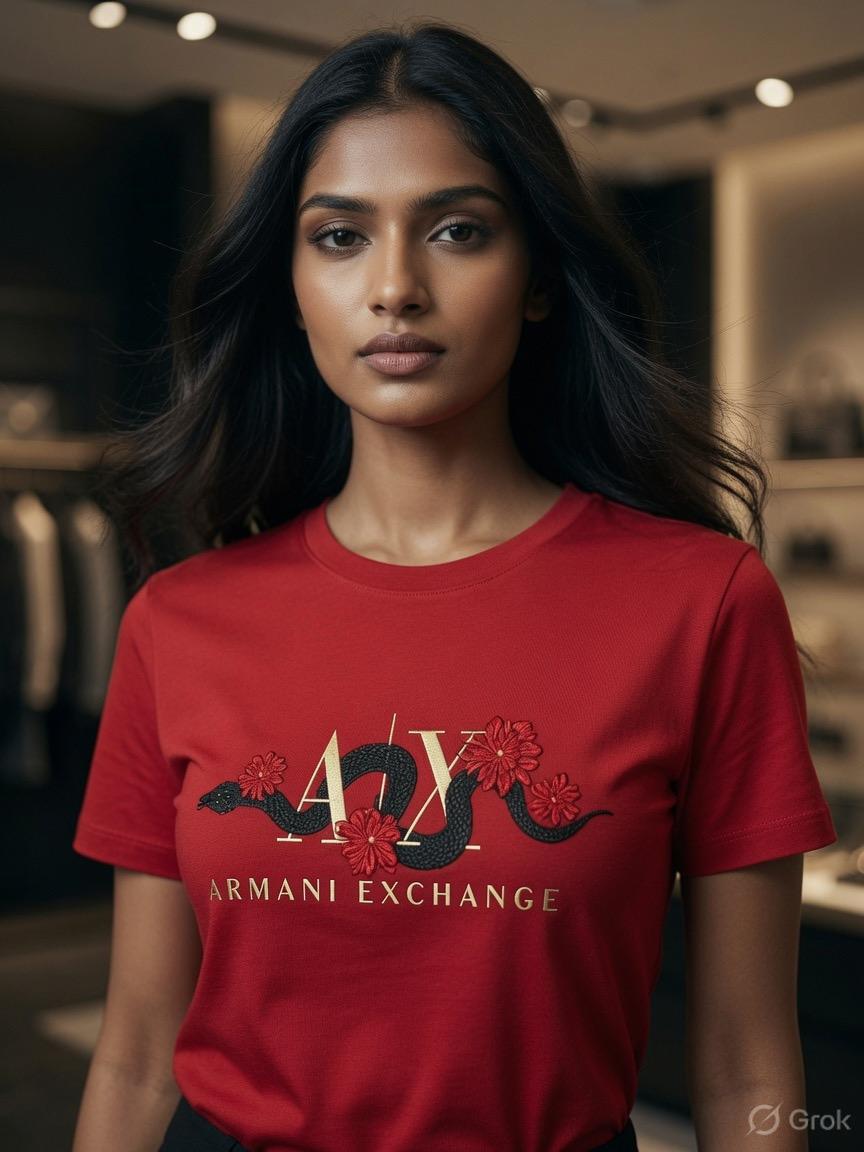 Armani Red Tee – Worn by Model Closeup	