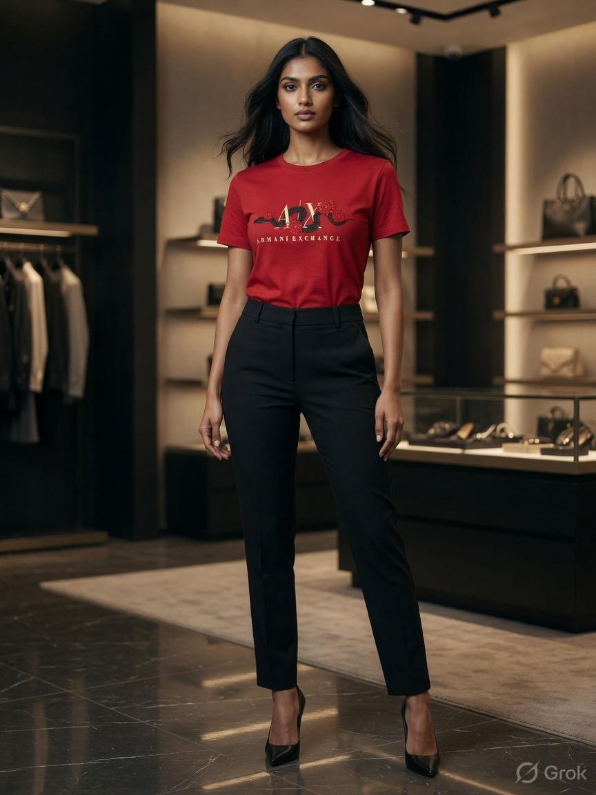 Armani Red Tee – Worn by Model Distance Shot
