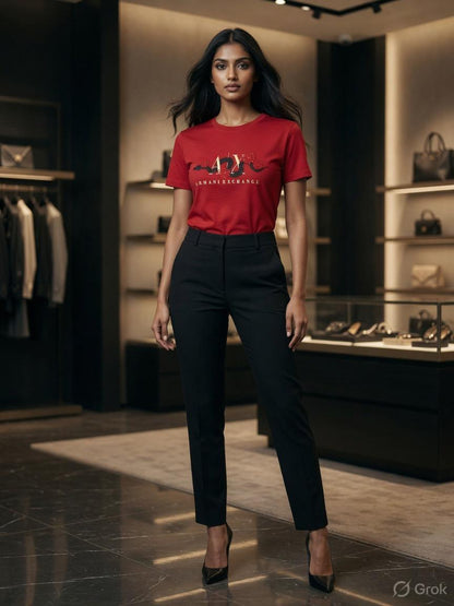 Armani Red Tee – Worn by Model Distance Shot
