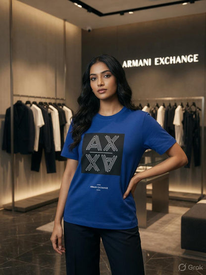 Armani Blue Tee – Worn by Model Distance Shot
