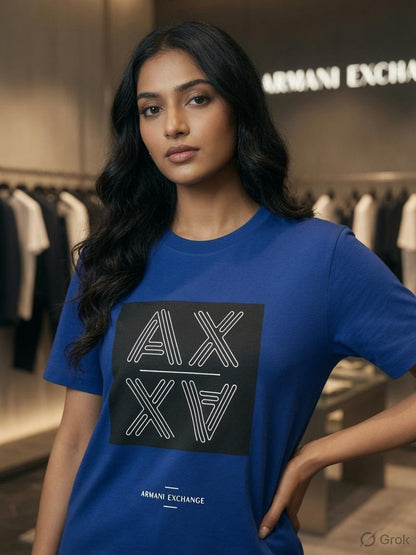 Armani Blue Tee – Worn by Model Closeup	