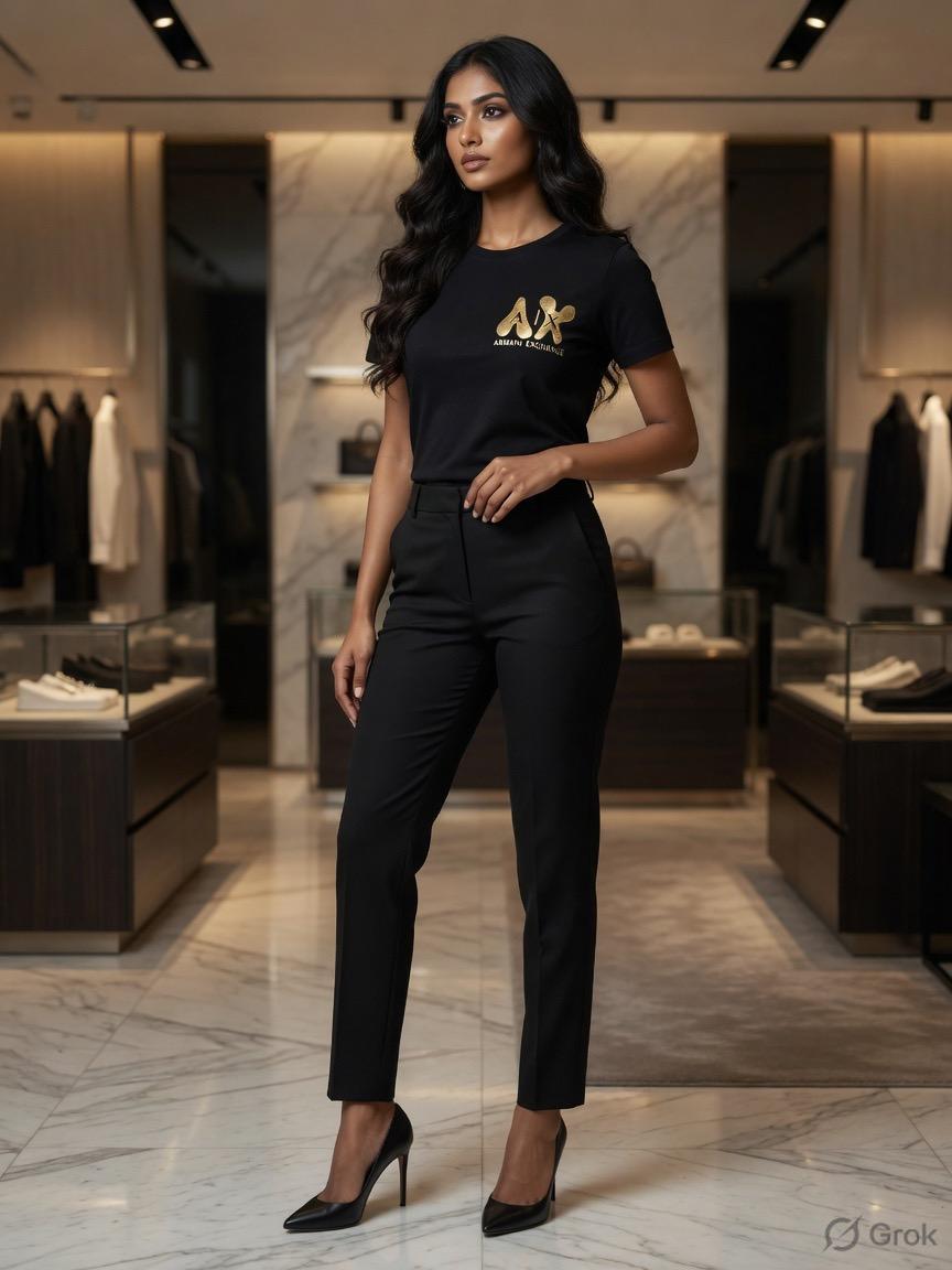 Armani Black Tee – Worn by Model Distance Shot
