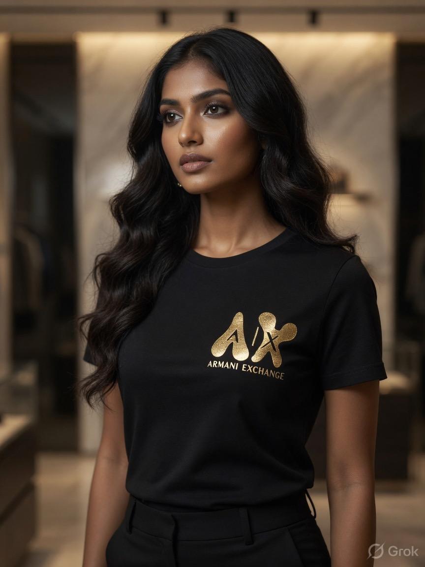 Armani Black Tee – Worn by Model Closeup	