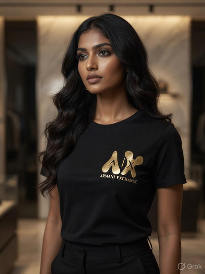 Armani Black Tee – Worn by Model Closeup	