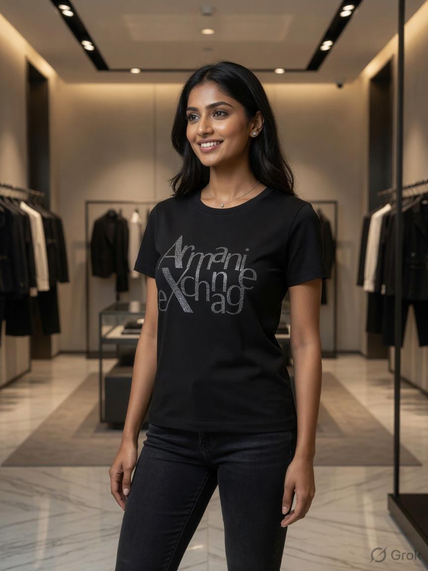 Armani Black Tee – Worn by Model Distance Shot
