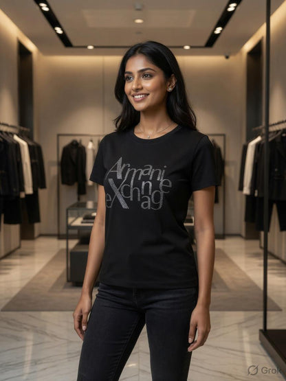 Armani Black Tee – Worn by Model Distance Shot
