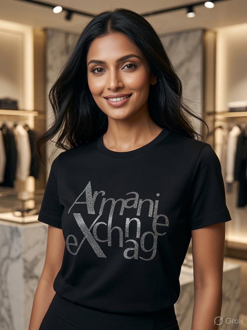 Armani Black Tee – Worn by Model Closeup	
