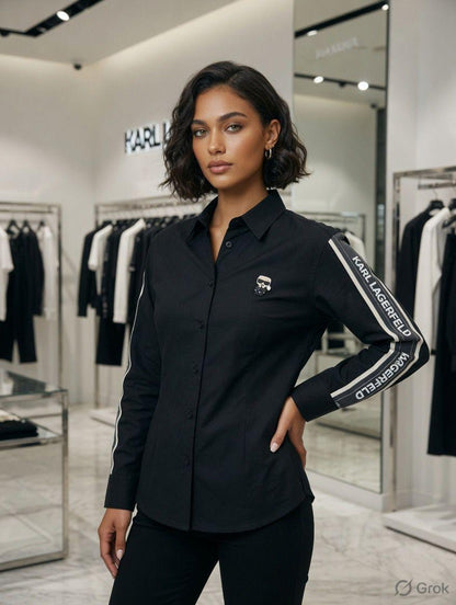 Karl Lagerfeld Black Shirt – Worn by Model Distance Shot
