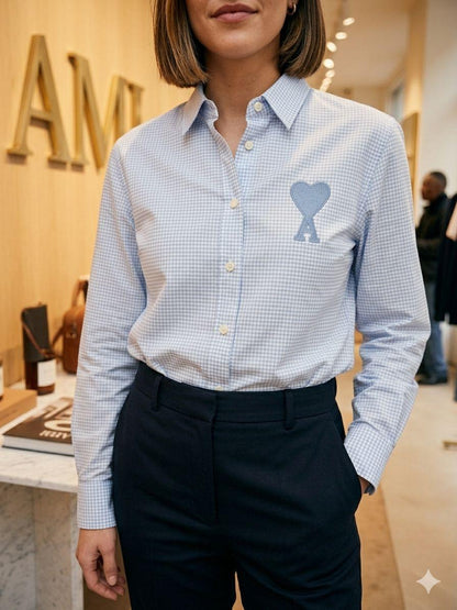 AMI Sky Blue Shirt – Worn by Model Closeup	