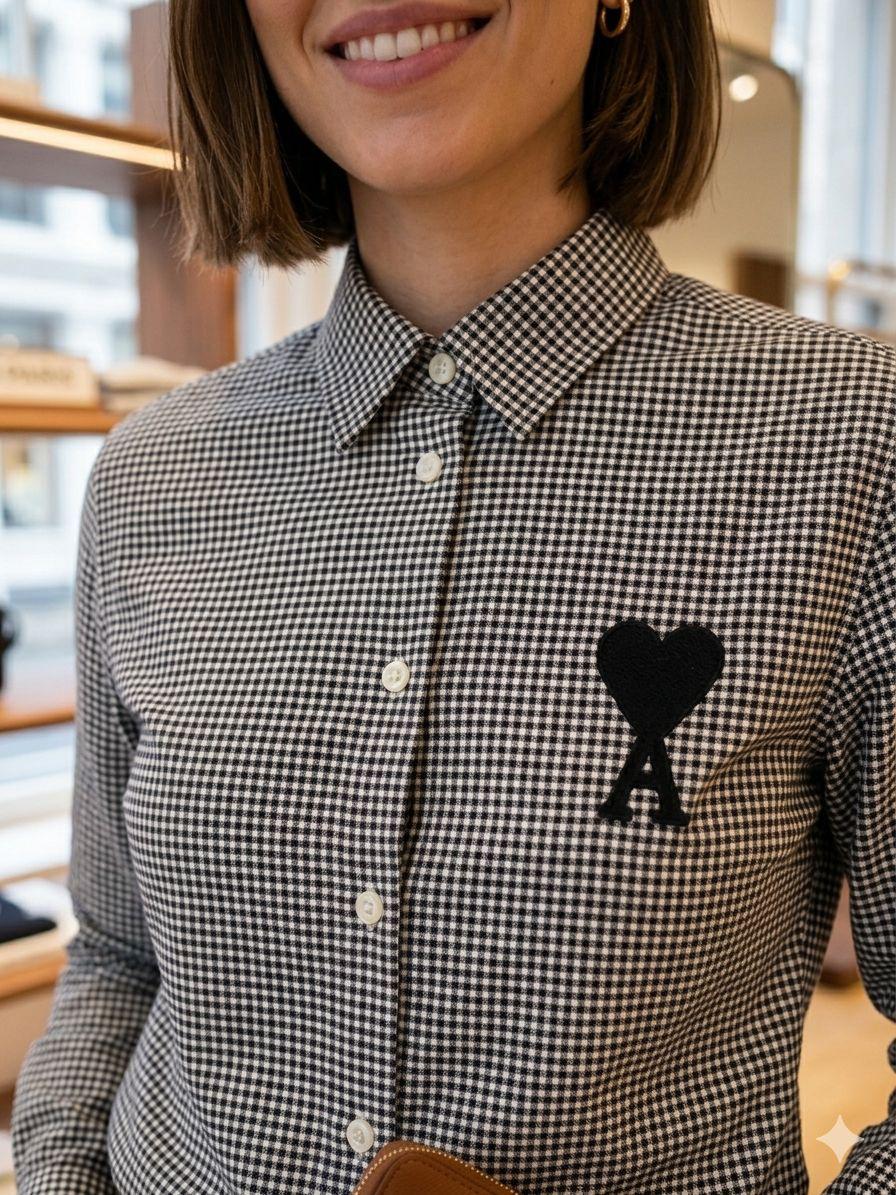 AMI Grey Shirt – Worn by Model Closeup	