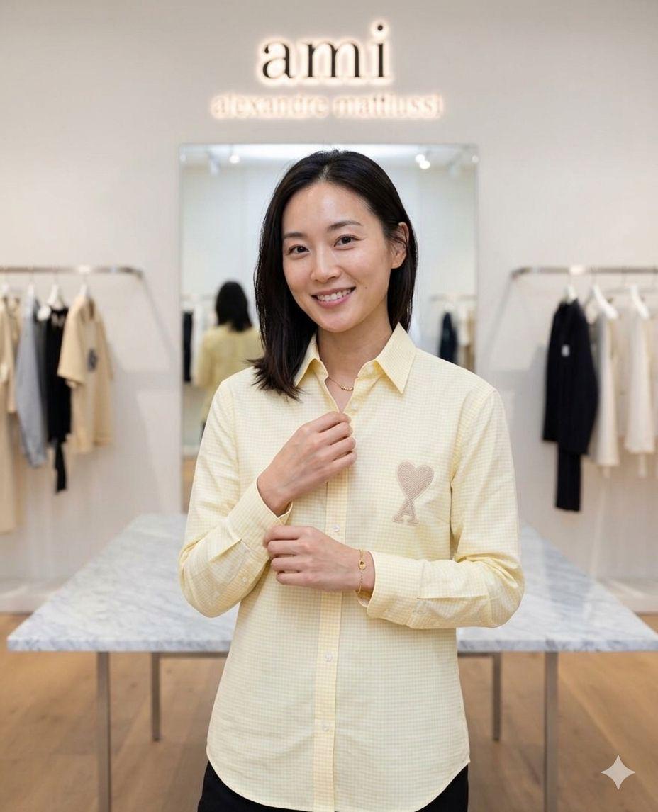 AMI Yellow Shirt – Worn by Model Distance Shot
