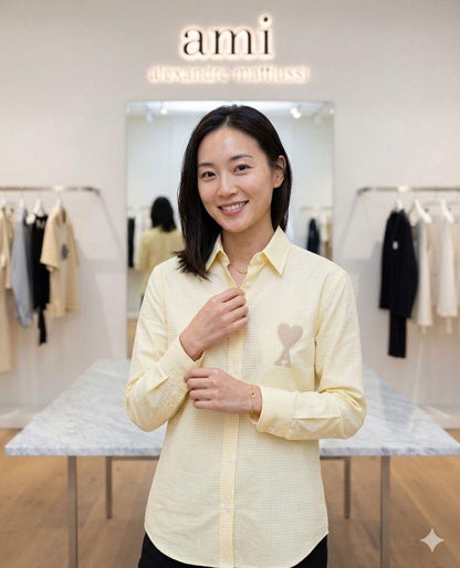 AMI Yellow Shirt – Worn by Model Distance Shot
