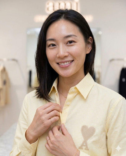 AMI Yellow Shirt – Worn by Model Closeup	