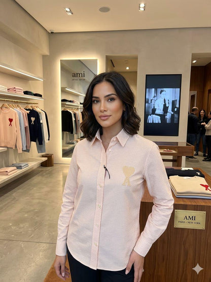 AMI Pink Shirt – Worn by Model Distance Shot
