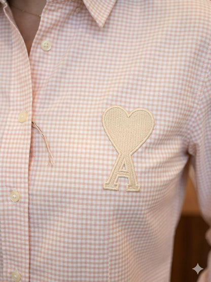 AMI Pink Shirt – Worn by Model Closeup	