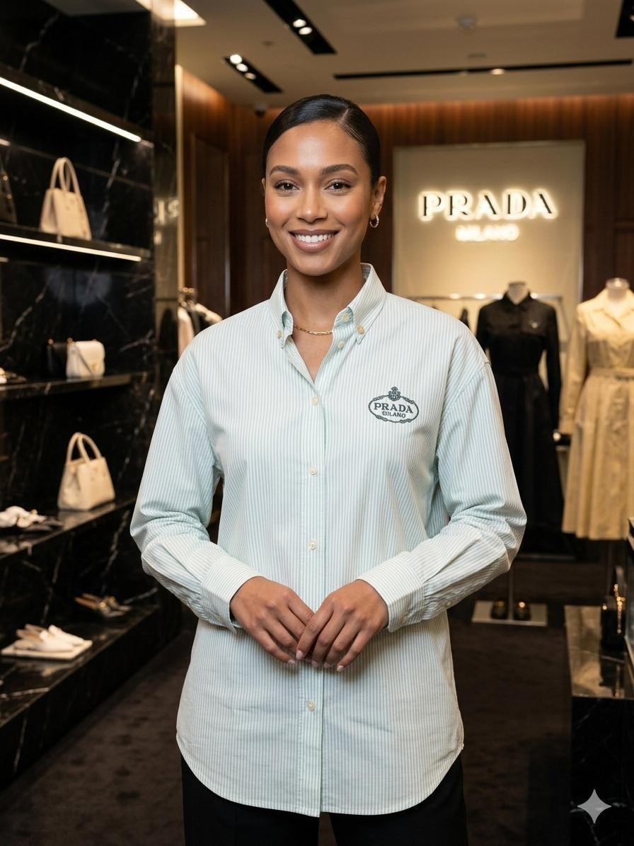 Prada Light Green Shirt – Worn by Model Distance Shot
