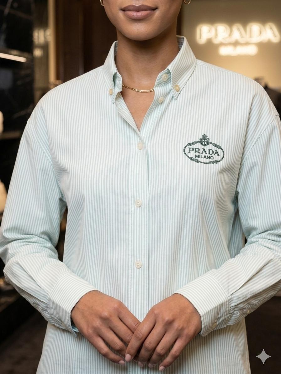 Prada Light Green Shirt – Worn by Model Closeup	