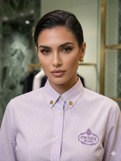 Prada Lilac Shirt – Worn by Model Closeup	