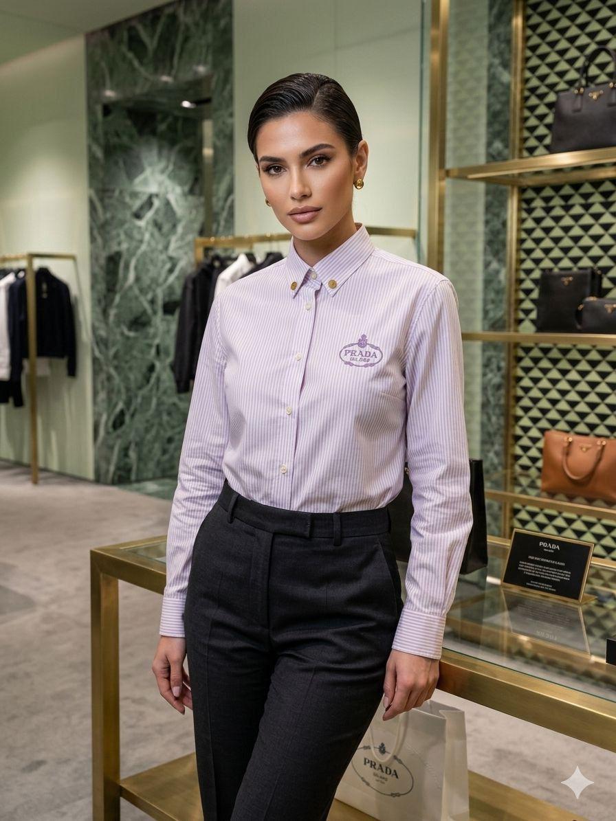 Prada Lilac Shirt – Worn by Model Distance Shot
