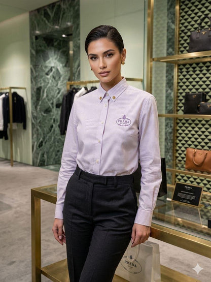 Prada Lilac Shirt – Worn by Model Distance Shot
