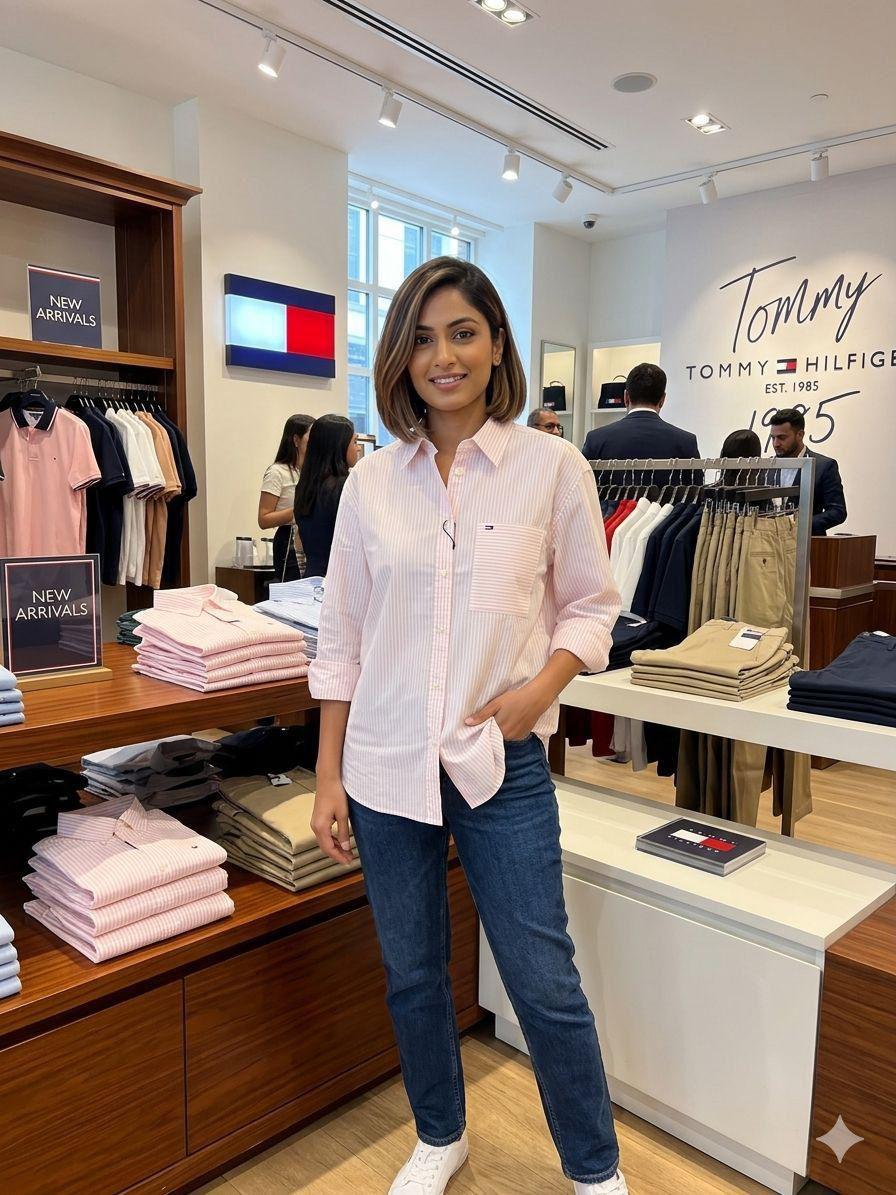 Tommy Hilfiger Pink Shirt – Worn by Model Distance Shot
