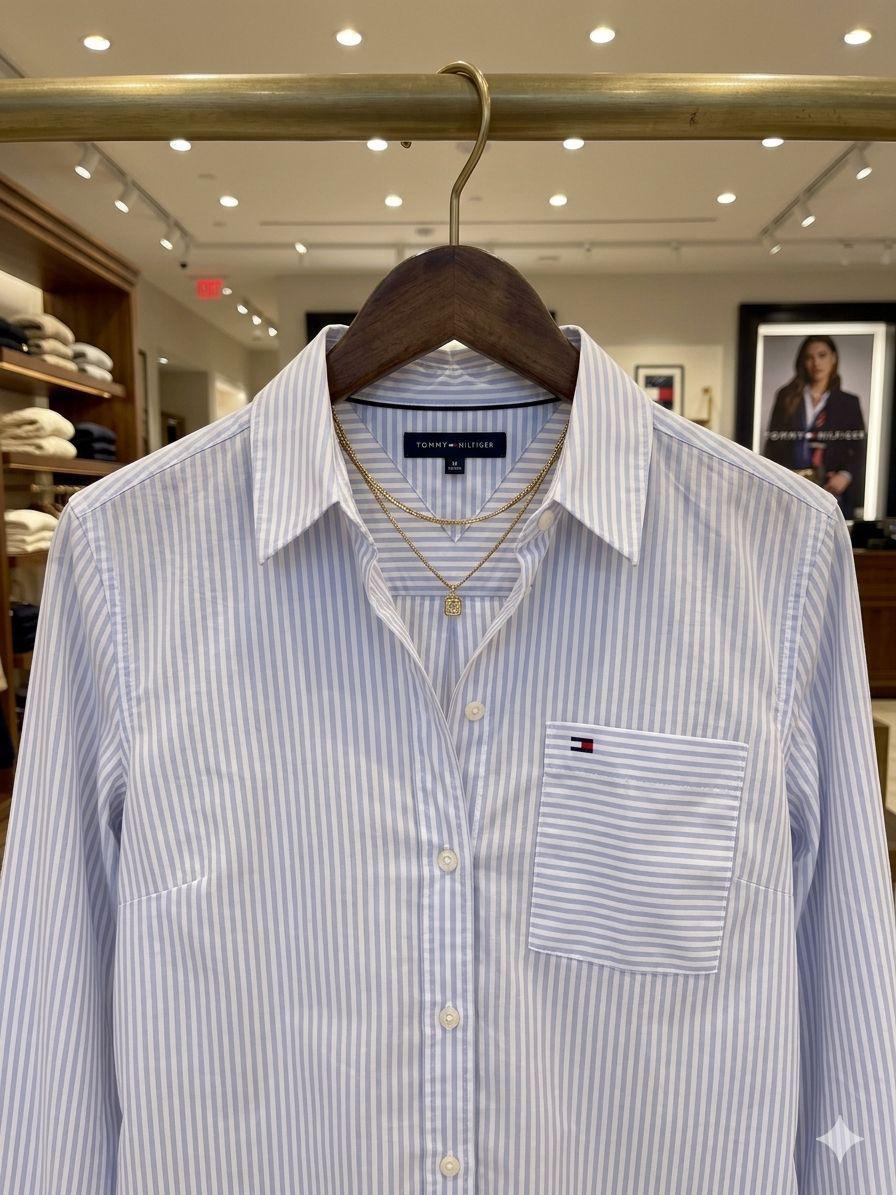 Tommy Hilfiger Soft Lavender Shirt – Worn by Model Distance Shot
