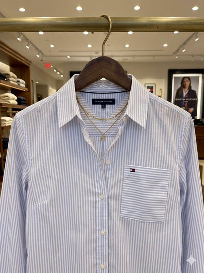 Tommy Hilfiger Soft Lavender Shirt – Worn by Model Distance Shot
