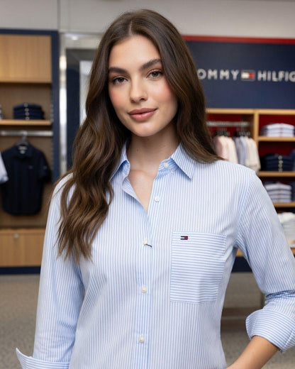 Tommy Hilfiger Sky Blue Shirt – Worn by Model Distance Shot
