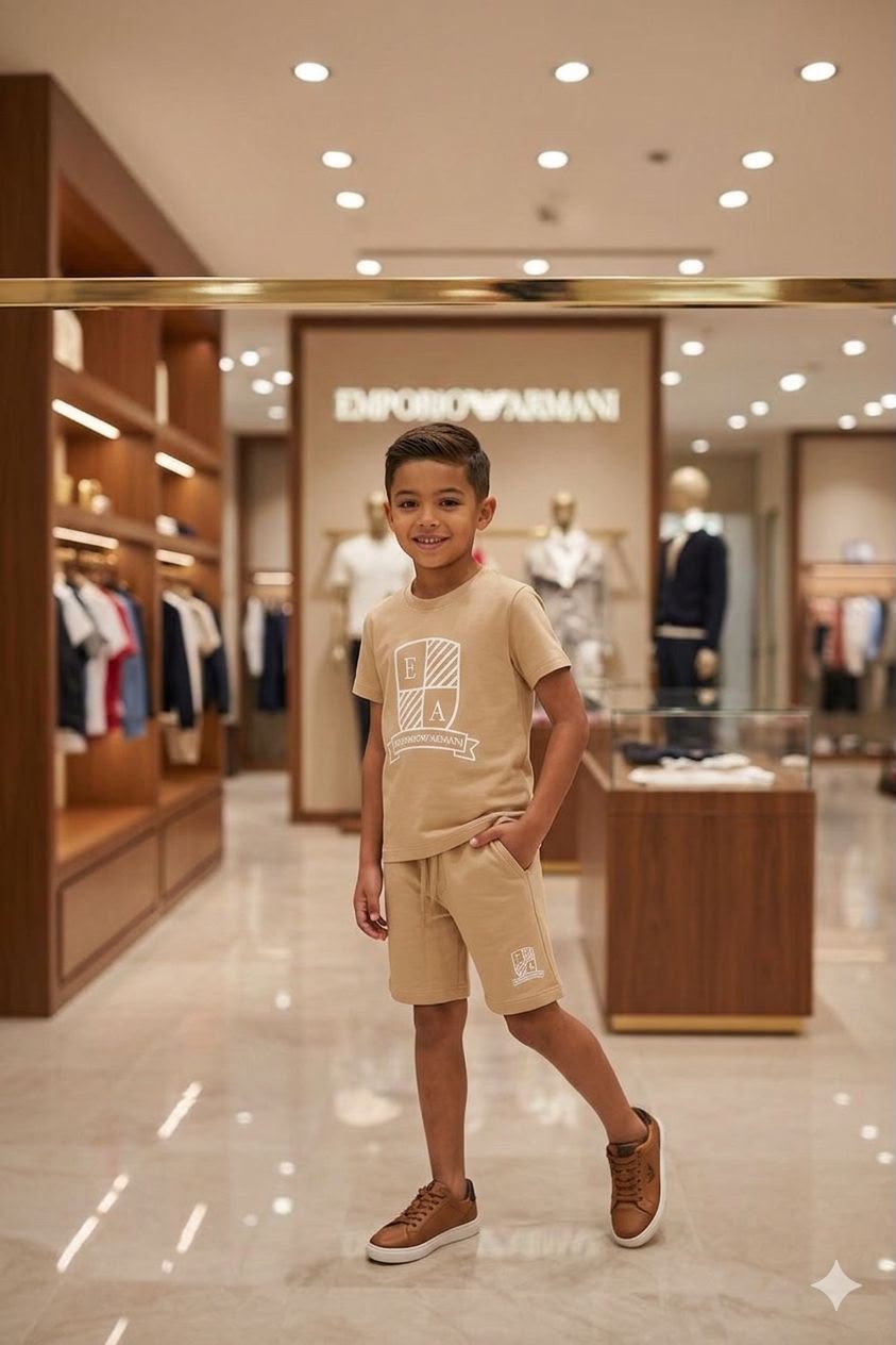 Premium Armani Kids beige co-ord set with print and embroidery work
