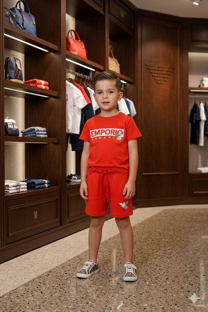 Premium Armani Kids red co-ord set with print and embroidery work
