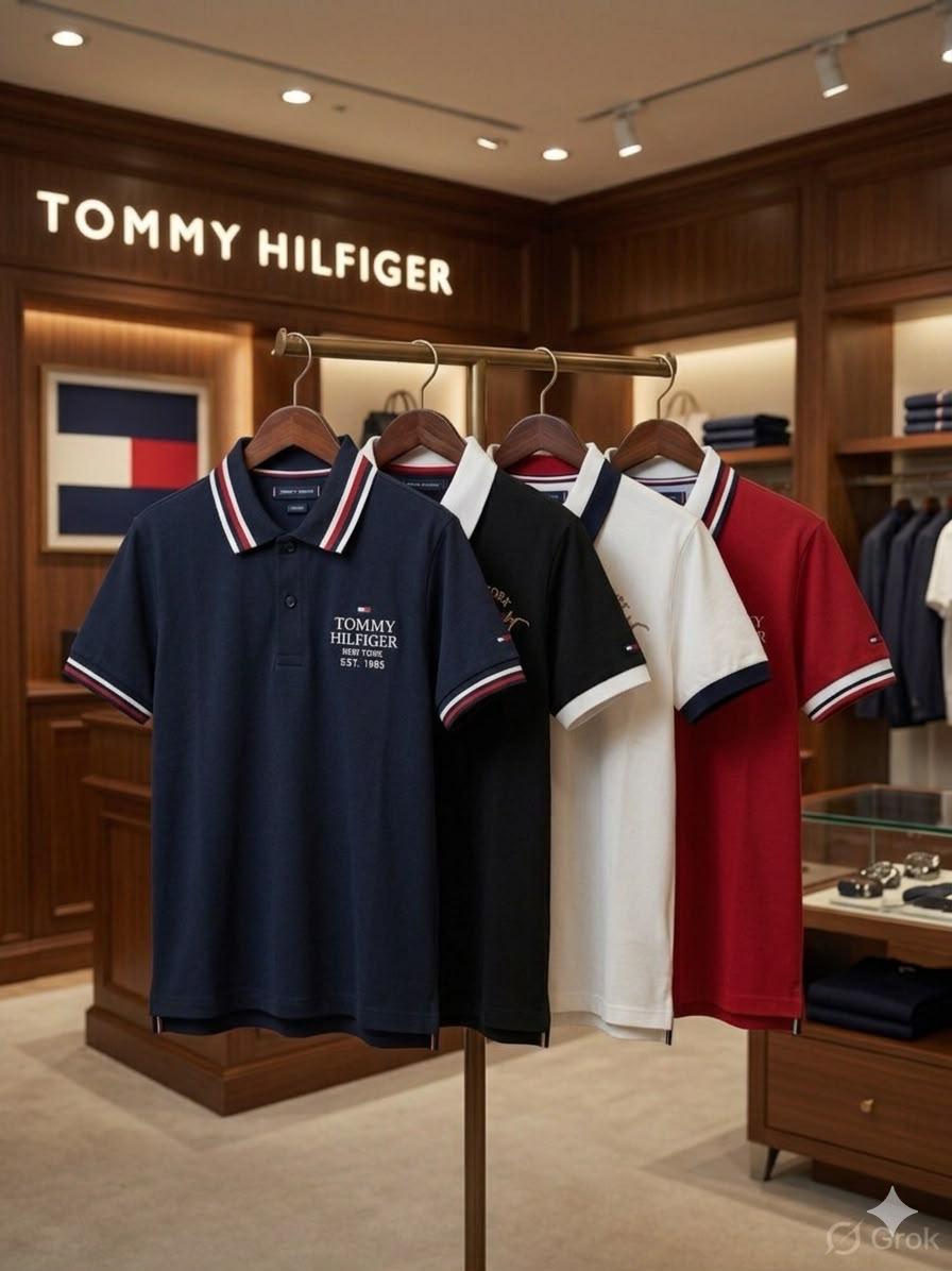 Tommy Kids premium jacquard collar polo T-shirts in white, navy blue, and sky blue
and Black. 
