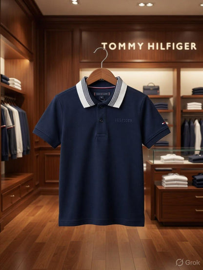 Tommy Kids Navy blue premium jacquard collar polo T-shirt for boys and girls