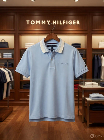 Tommy Kids Sky blue premium jacquard collar polo T-shirt for boys and girls
