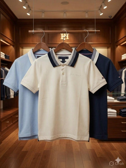 Tommy Kids Lycra Interlock polo T-shirts for boys and girls in white, navy blue, and sky blue
